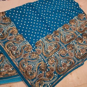 Deep Turquoise Saree with Antique Gold Accents - Worn Once Size S